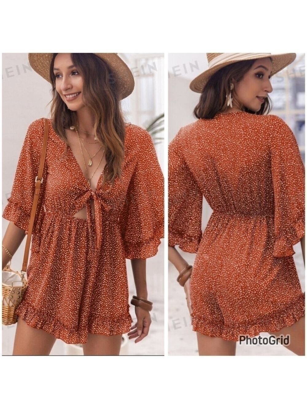 SHEIN RUFFLE TRIM SUMMERY VCAY TIE-FRONT ROMPER - SIZE 6 - EUC